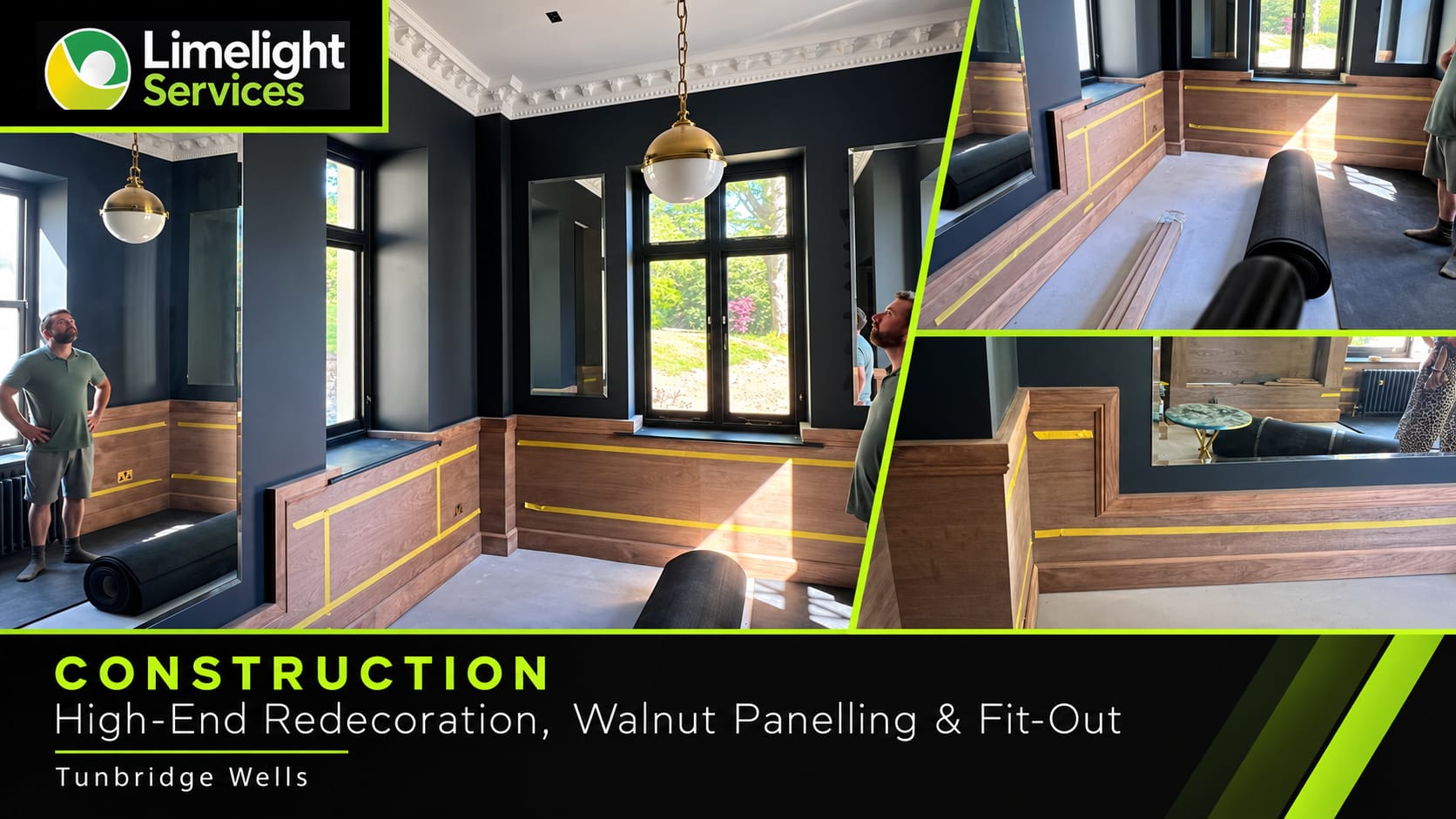 Limelight Services Tunbridge Wells fit-out graphic showing dark redecoration and walnut wall panelling