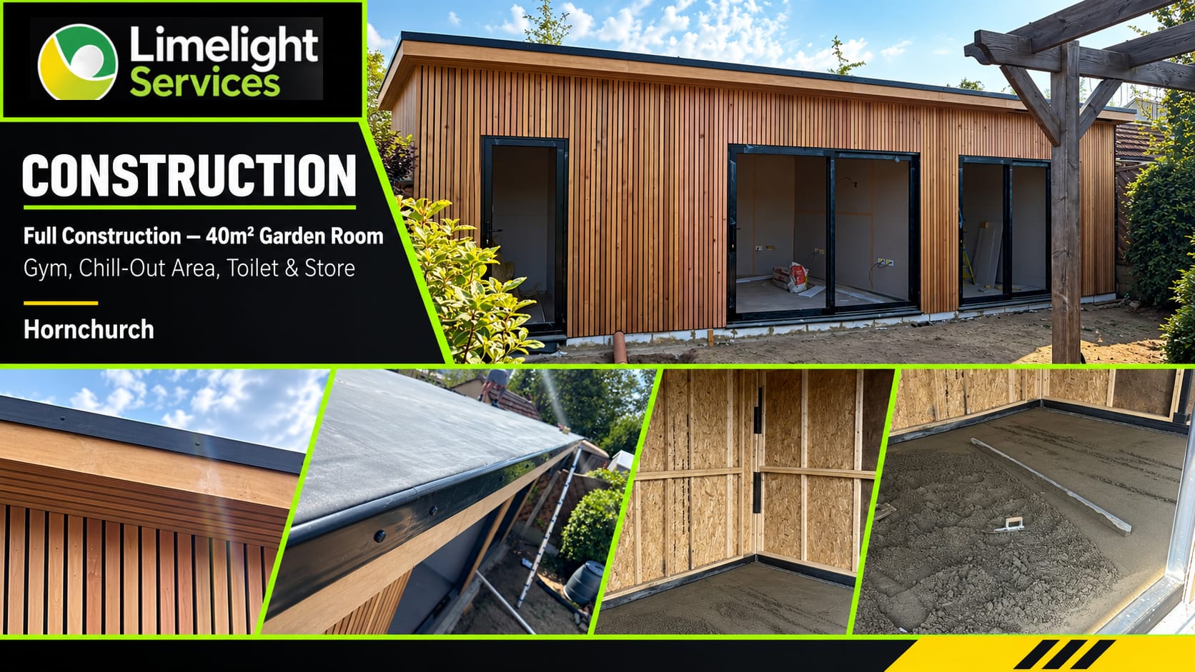 Limelight Services Hornchurch garden room graphic showing timber cladding, roof details and internal construction stages