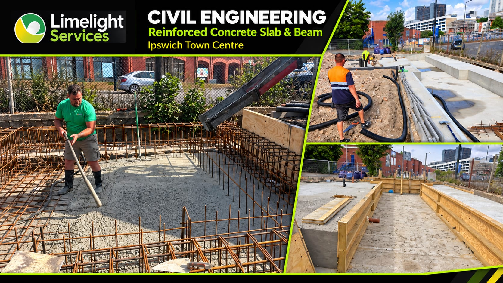 Limelight Services Ipswich Town Centre civils graphic showing reinforcement steel and a reinforced concrete slab and beam structure