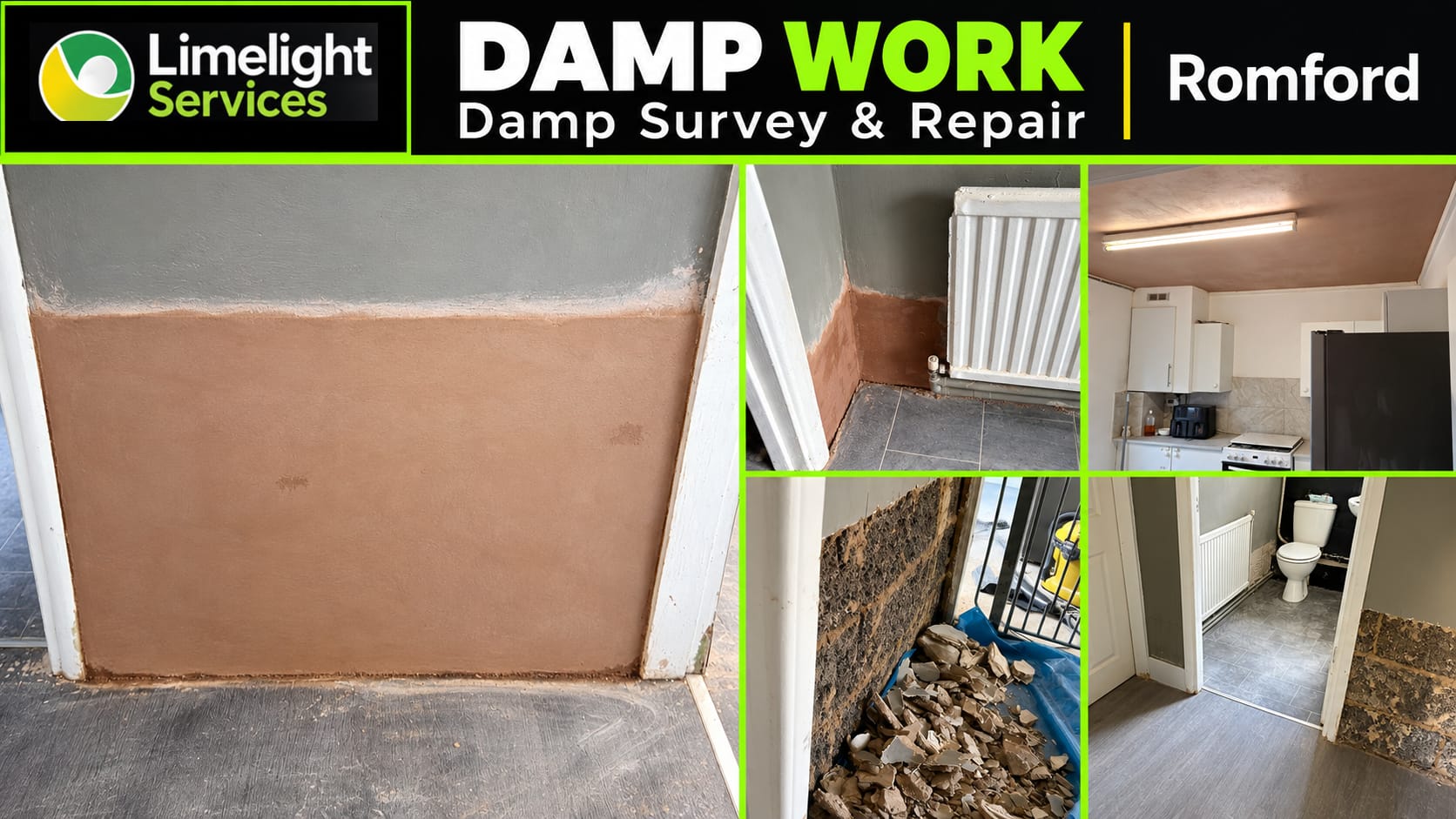Limelight Services Romford damp work graphic showing stripped wall finishes and repair plastering