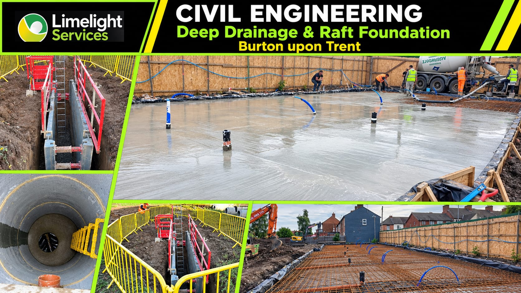 Limelight Services Burton upon Trent civils graphic showing deep drainage excavation and a reinforced raft foundation