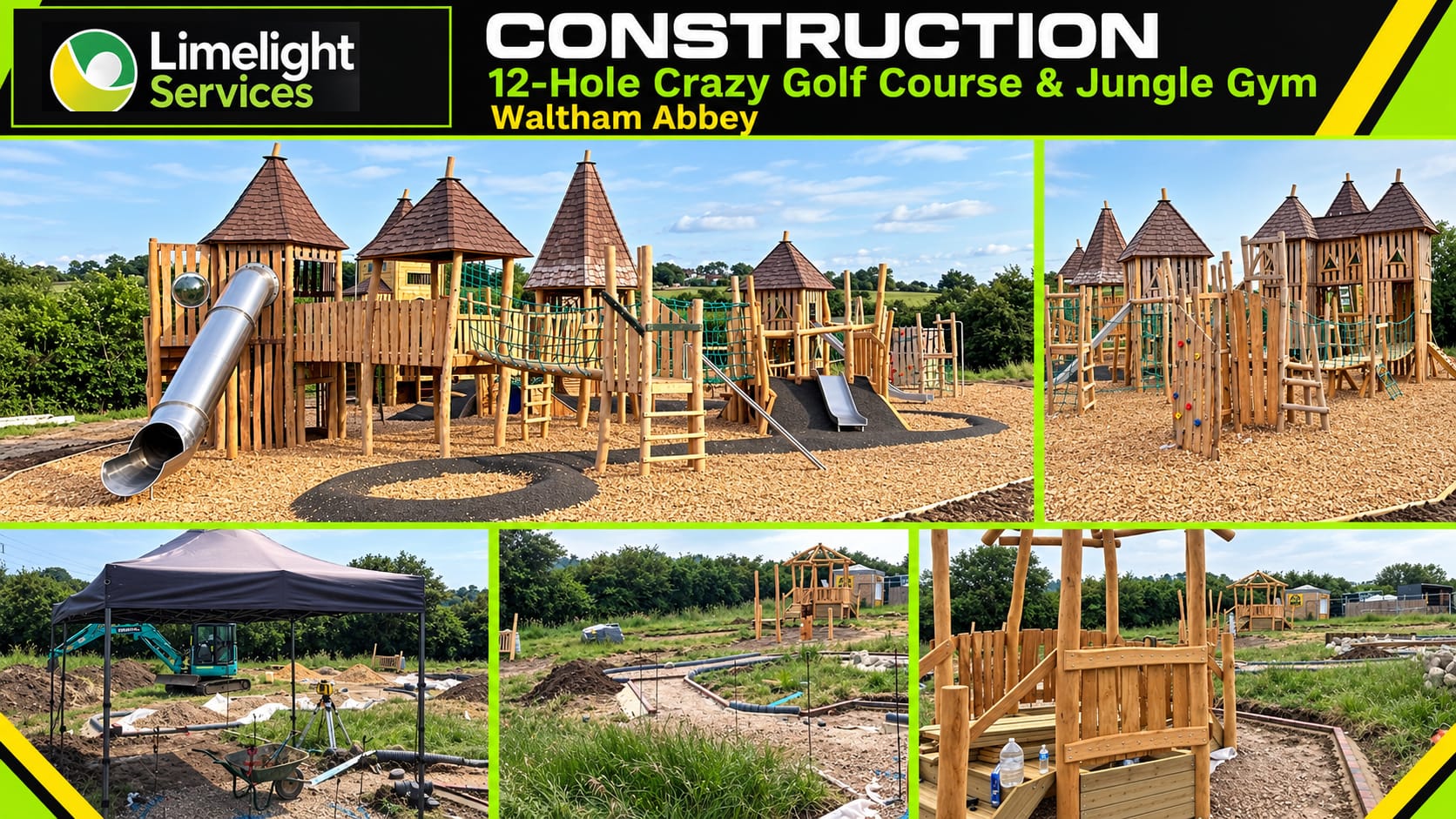 Limelight Services Waltham Abbey leisure graphic showing a 12-hole crazy golf course with landscaped surfacing and an outdoor jungle gym