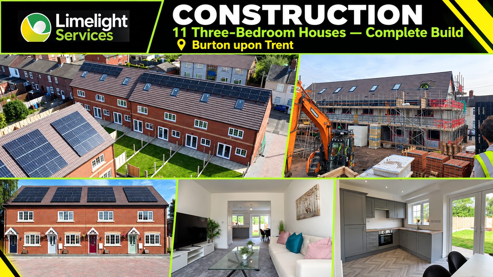 Limelight Services Burton upon Trent construction graphic showing a terrace of newly built three-bedroom houses and construction stages