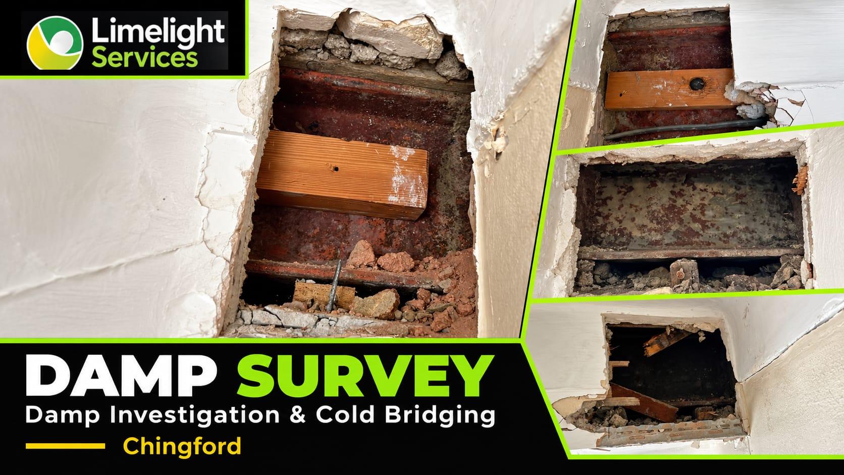 Limelight Services Chingford damp investigation graphic showing opened wall areas and exposed structural details