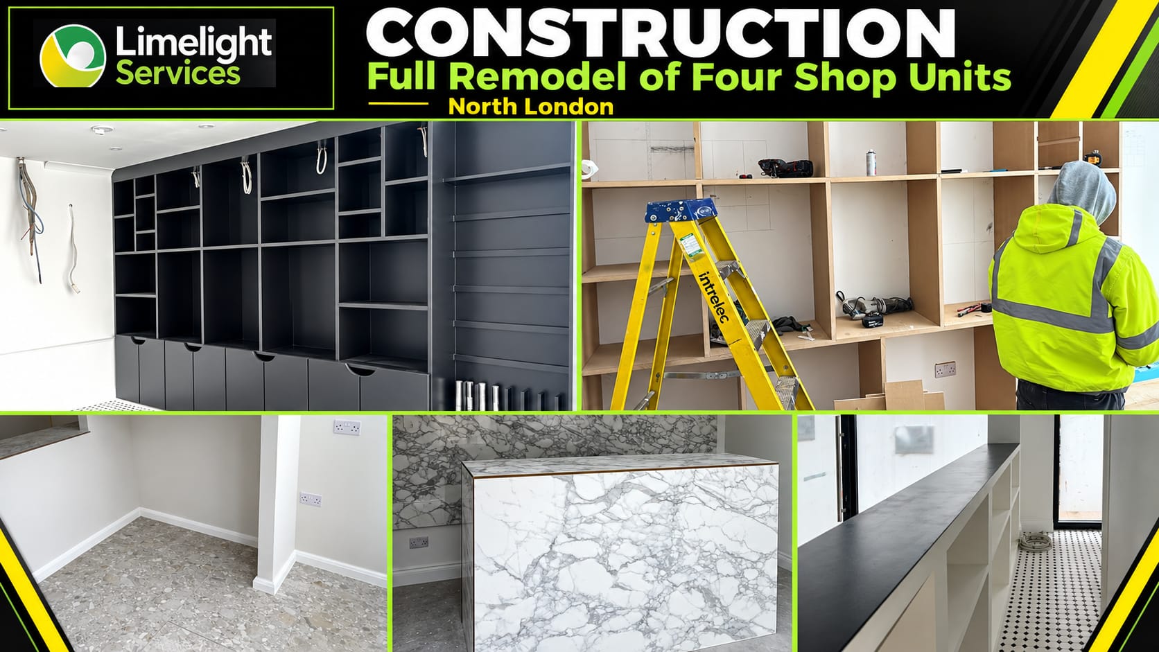 Limelight Services North London shop remodel graphic showing fitted cabinetry, worktops and interior finishes