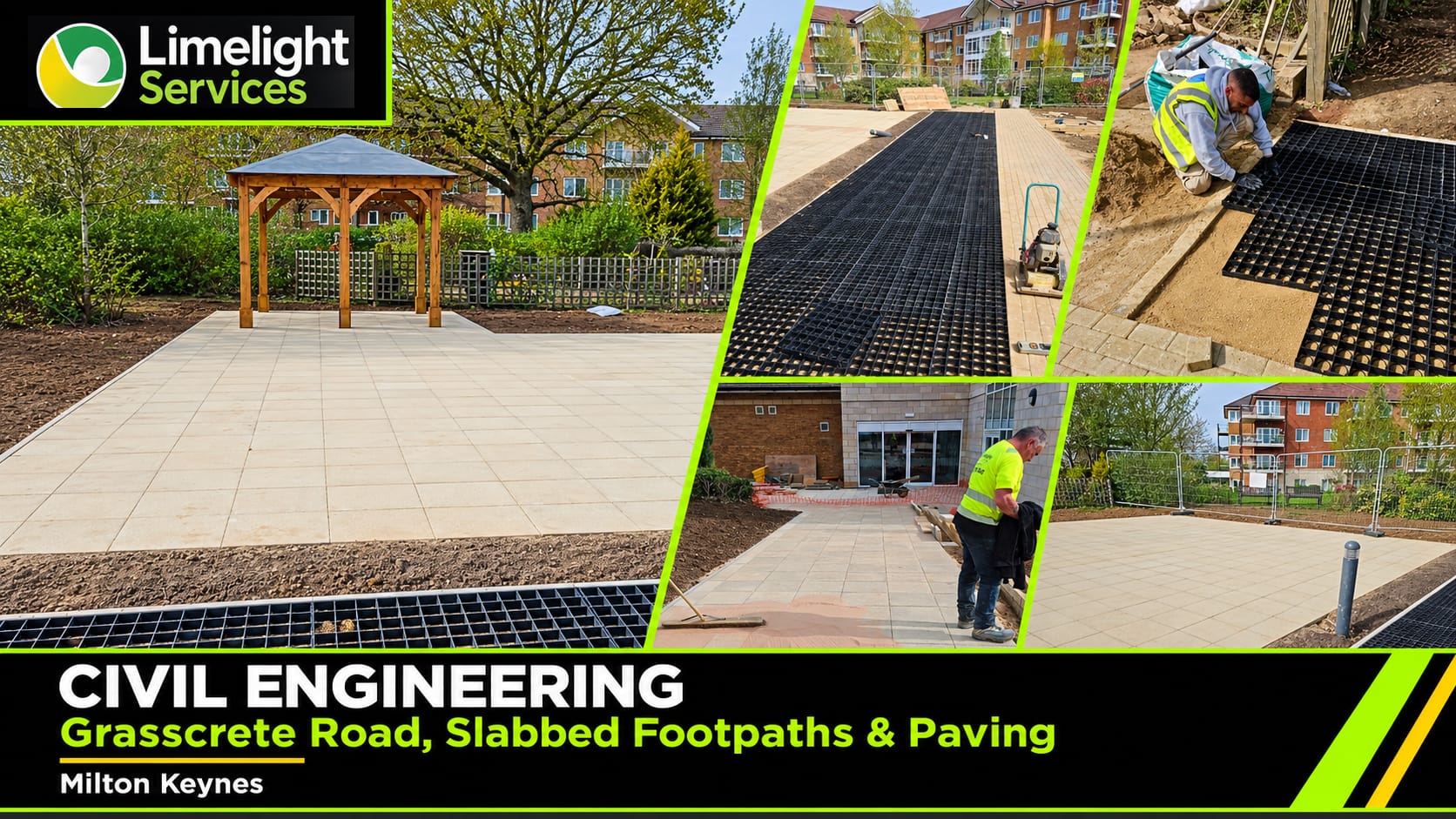 Limelight Services Milton Keynes civils graphic showing a Grasscrete road surface with slabbed footpaths and block paving
