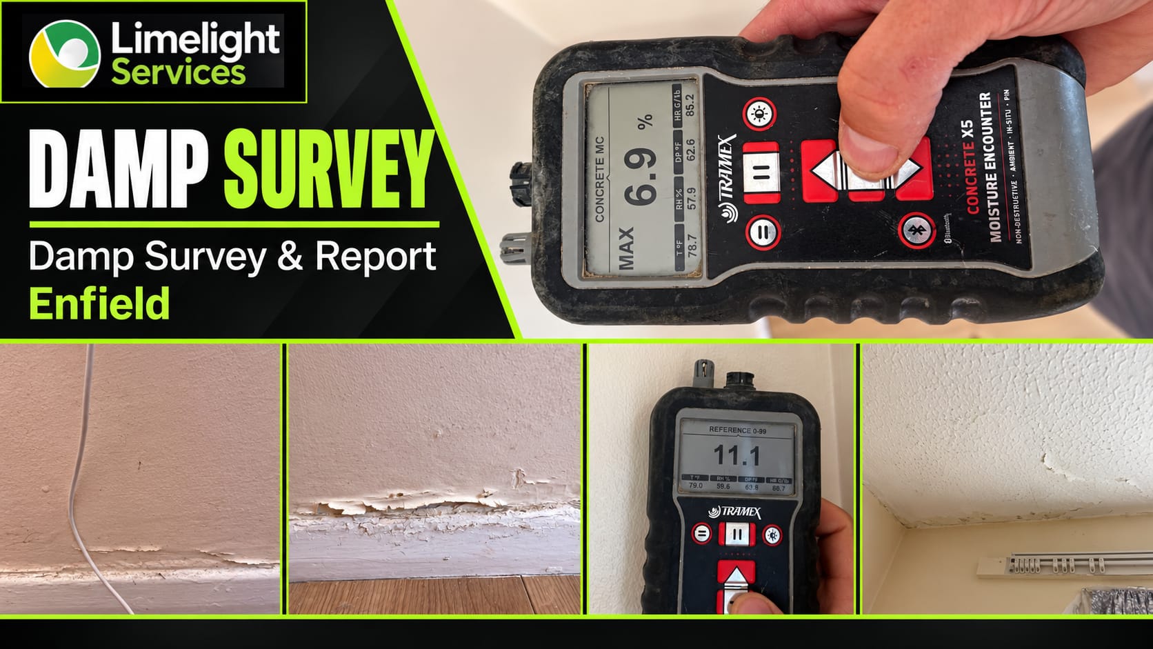 Limelight Services Enfield damp survey graphic showing moisture meter readings and affected wall finishes